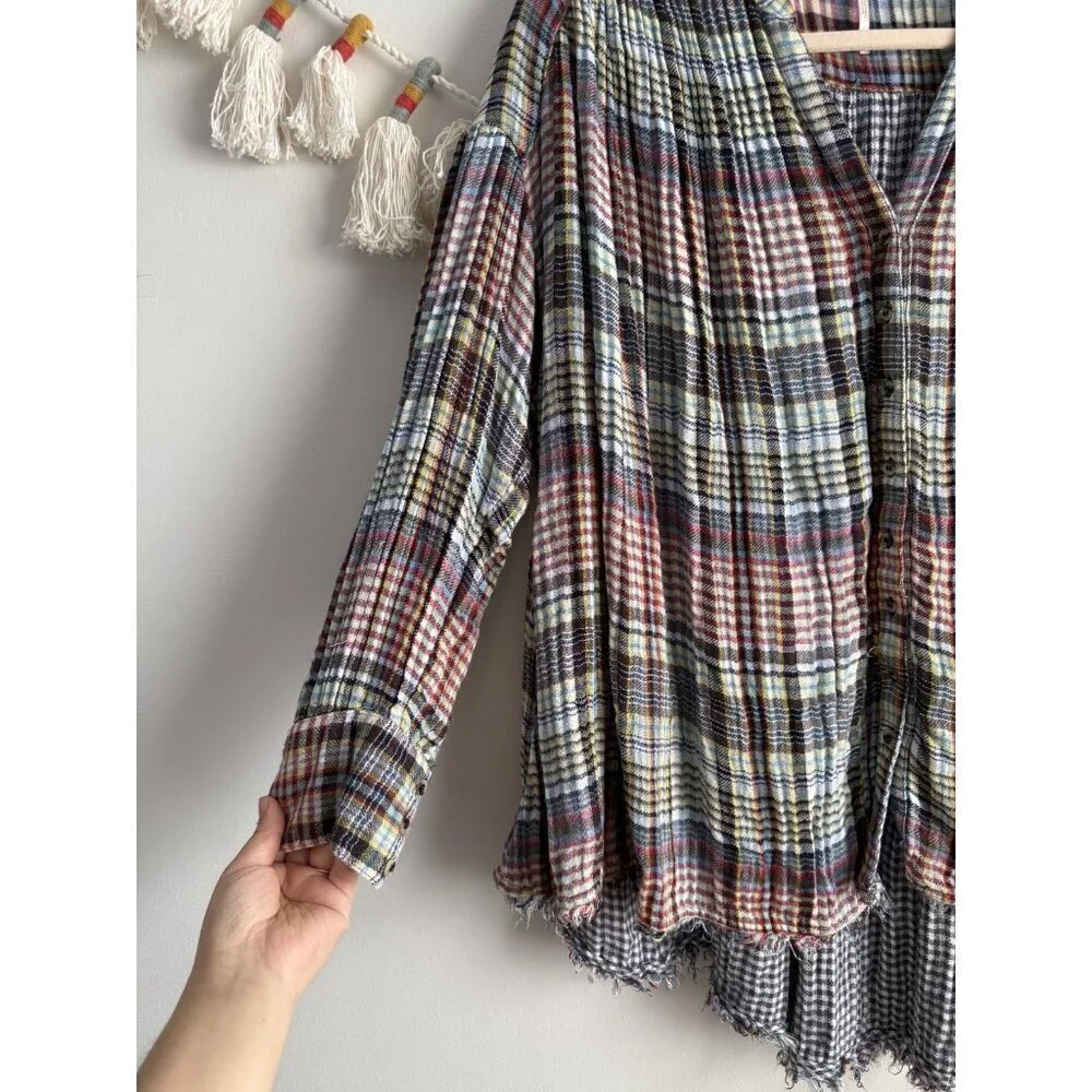 Free People Come On Over Multicolor Plaid Pleated Flowy Oversized Top Boho S